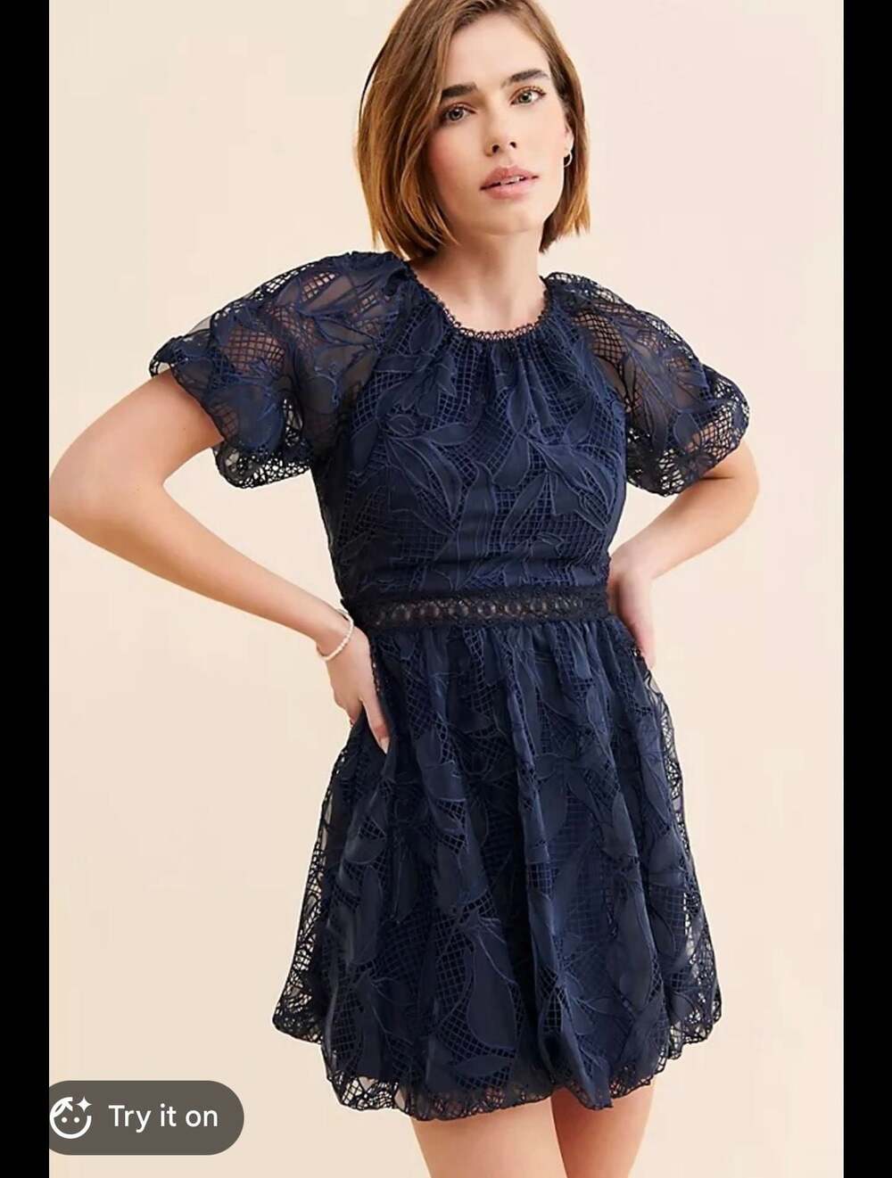 Monique Lhuillier Lace Floral Puff Sleeve Babydoll Dress Romantic Goth Coquette